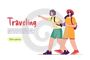 Two walking women friends travelers with backpacks. Vector illusration