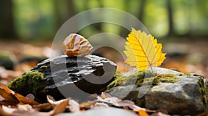 two walnuts and a leaf sit on top of rocks in the forest