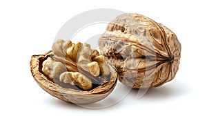 Two walnuts in shells on a white background