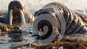 Two walruses, covered with oil, lie in dirty water on the ocean shore. The scene is gloomy and gloomy. The devastating impact on