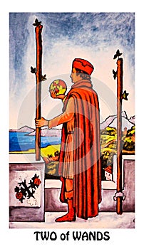 Two of Wands Tarot Card Physical Decisions Stay or Go Travel Over Seas