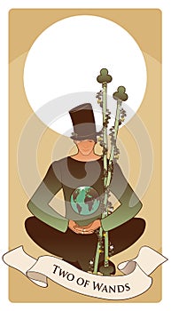 Two of wands. Tarot cards. Young man sitting, wearing hat looking at a globe