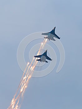 Two war jet planes in sky