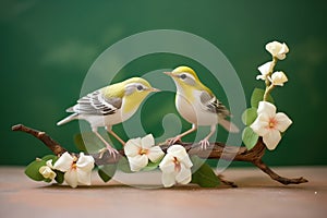 two warblers in courtship among jasmine flowers