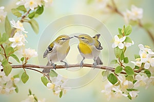 two warblers in courtship among jasmine flowers