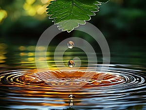 Two water droplets fall from a vibrant green leaf onto a calm, goldenhued surface, creating concentric ripples photo