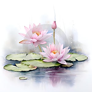 two water lilies sit on green leaves in front of water
