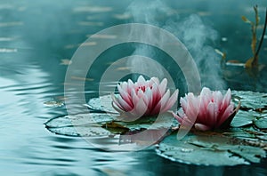 two water lilies sitting in water with steam on top