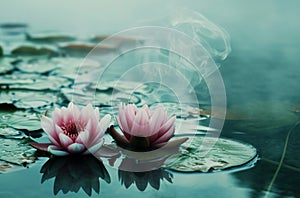 two water lilies sitting in water with steam on top
