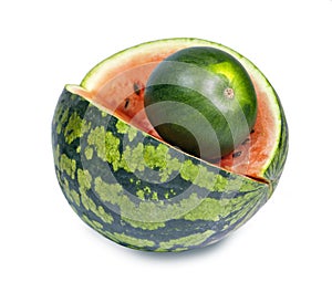 Two water melons on a white background, big and small, dwarfish version