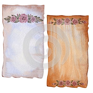 Two watercolor blank sheets of vintage parchment paper with a half erased image of antique Victorian roses for