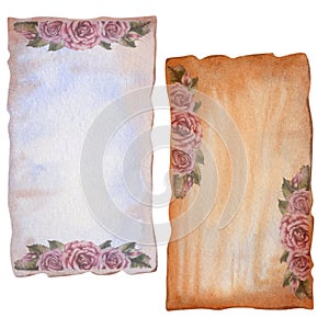 Two watercolor blank sheets of vintage parchment paper with a half erased image of antique Victorian roses for