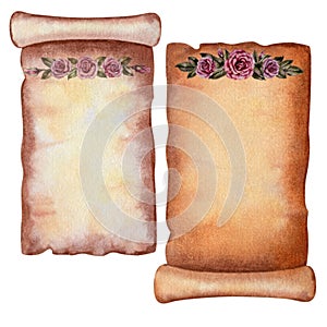 Two watercolor blank sheets of vintage parchment paper with a half erased image of antique Victorian roses for