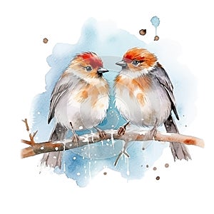 Two watercolor christmas birds on branch. Generative ai