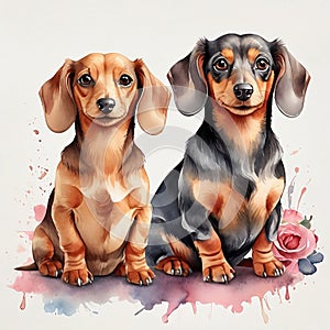 Two Watercolor Dachshund cliparts, cute pets. AI Generative