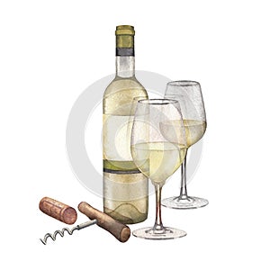 Two watercolor glasses of white wine, bottle, cork and corkscrew