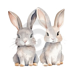 Two watercolor grey rabbits isolated on white background