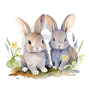 Two watercolor rabbits among flowers isolated on white background
