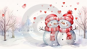 Two watercolor snowmen, male and female, hugging tenderly. A loving couple together. On white background with hearts and