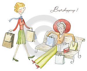 Two watercolor woman with packages after shopping