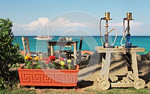 Two waterpies in outdoor restaurant in Turkey.