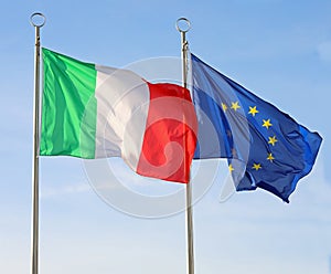 Two waving flags of ITALY and EUROPEAN UNION