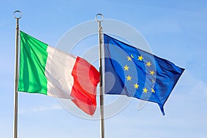 Two waving flags of ITALY and EUROPEAN UNION