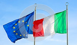 Two waving flags of ITALY and EUROPEAN UNION