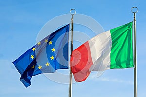 Two waving flags of ITALY and EUROPEAN UNION