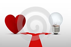 Two way arrows with heart and light bulb - Concept of choice between heart and mind