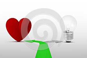 Two way arrows with heart and light bulb - Concept of choosing heart over mind