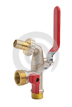Two way brass bib cock tap. Nozzle cock on two outputs with red quarter turn handle. New brass water tap isolated on white photo