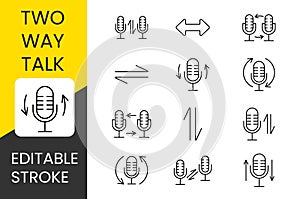 Two way conversation vector line icon set with editable stroke for placement on cctv camera system packaging