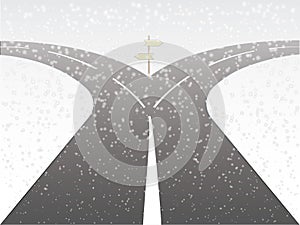 A two way highway roads with direction arrows in snowy weather