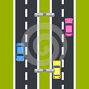 Two way roadway vector illustration top view.