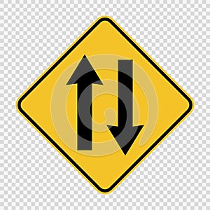 Two way traffic ahead sign on transparent background