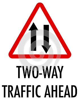 Two-way traffic ahead sign on white background