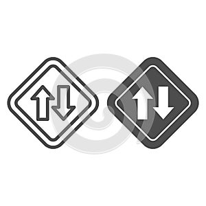 Two way traffic line and solid icon, Navigation concept, traffic sign on white background, Two way road icon in outline