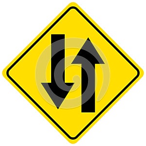 Two way traffic yellow sign on white background