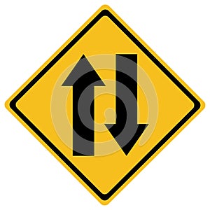 Two way yellow traffic sign on white