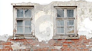 Weathered Windows in a Crumbling Brick Wall