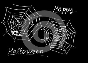 Two webs on a black background with spiders and the inscription happy Halloween