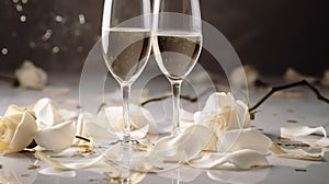 Two wedding festive glasses of alcoholic champagne with white roses, petals. AI generated.