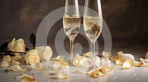 Two wedding festive glasses of alcoholic champagne with white roses, petals. AI generated.