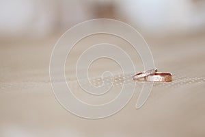 Two wedding gold rings beige background
