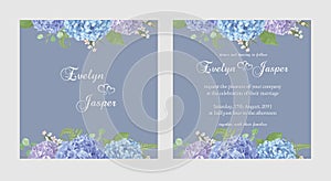Two wedding invitation cards seasonal flower.Set leaves, blooming branches eucalyptus, gaultheria, salal, chamaelaucium, seasonal