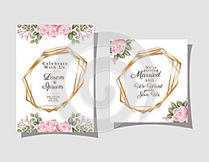 Two wedding invitations with gold ornament frames and roses flowers on gray background vector design