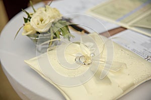 Two wedding platinum rings lying on silk lace cushion for rings