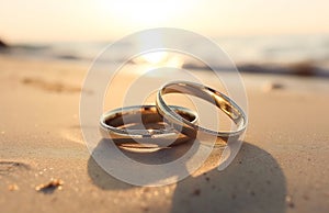 Two wedding rings on beach sand