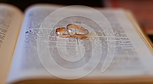 Two wedding rings on a bible